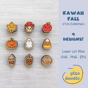 May include: Nine wooden stud earrings featuring cute faces, including a yellow leaf, red mushroom, red apple, orange pumpkin, white ghost, candy corn, coffee cup, brown acorn, and cinnamon roll. Text reads: KAWAII FALL STUD EARRINGS 9 DESIGNS!
