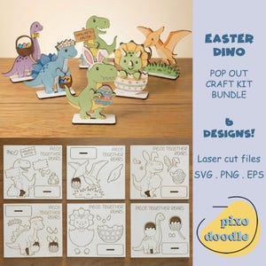 May include: A collection of Easter-themed dinosaur pop-out craft kits. The image shows six assembled dinosaur figures with Easter eggs and baskets, along with the laser-cut files. Text on the image reads "Easter Dino Pop Out Craft Kit Bundle".