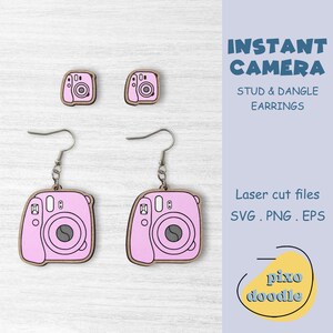 May include: Pink instant camera dangle earrings with matching stud earrings. Laser cut files included: SVG, PNG, EPS.