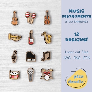 Muziekoorbellen SVG-bundel | Muziekinstrumenten, gitaar, viool, drum, piano, saxofoon, trompetoorstekers, glowforge-klaar lasergesneden bestand