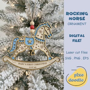 Baby's First Christmas SVG, Rocking Horse Ornament Laser Cut File, Personalized Keepsake Gift, Multi Layer Design for Glowforge