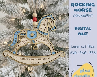 Baby's First Christmas SVG, Rocking Horse Ornament Laser Cut File, Personalized Keepsake Gift, Multi Layer Design for Glowforge