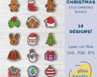 Christmas earrings SVG bundle | Gingerbread man, Santa, reindeer, snowman, Christmas tree stud earrings glowforge ready laser cut file