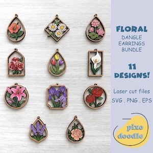 Floral Dangle Earring SVG Bundle | Laser Cut Flower Jewelry File | Spring Flower Earrings | Daisy Rose Lily Tulip Lavender SVG for Glowforge