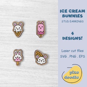Ice cream bunny earrings SVG bundle | Easter, spring, cute rabbit stud earrings glowforge ready laser cut file