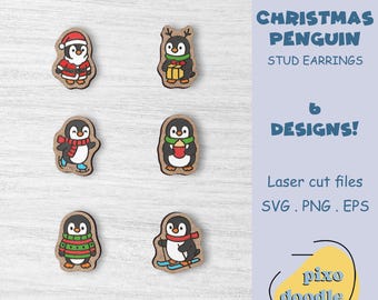 May include: Wooden Christmas penguin stud earrings in six designs. Each earring features a different penguin design, including penguins wearing Santa hats, holding gifts, and ice skating. The text "Christmas Penguin Stud Earrings" is displayed.