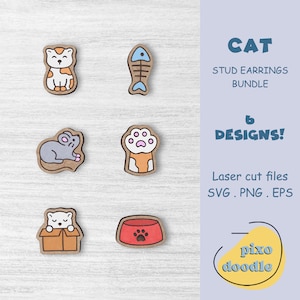 Cat earrings SVG bundle | Cat, kitten, cat paw, mouse, fish stud earrings glowforge ready laser cut file