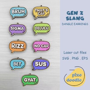 May include: A collection of Gen Z slang dangle earrings in various colors, including blue, yellow, purple, green, orange, and pink. Each earring features a different slang term, such as "BRUH" and "THAT'S CAP."