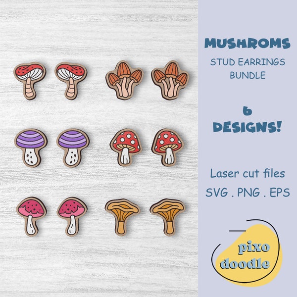 Mushrooms earrings SVG bundle | Camping, forest, mushroom glowforge ready laser engraved stud earrings digital file