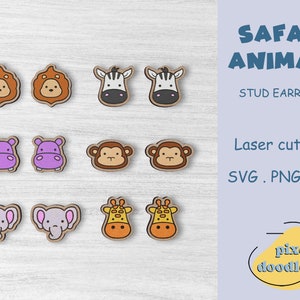 Paquete SVG de pendientes con forma de animales de safari. Lindos pendientes de elefante, cebra, león, hipopótamo, jirafa y mono. Archivo de corte láser listo para Glowforge.