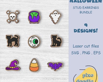 Halloween earrings SVG bundle | Cute halloween stud earrings glowforge ready laser cut file | Skull, black cat, witch hat, ghost, bat