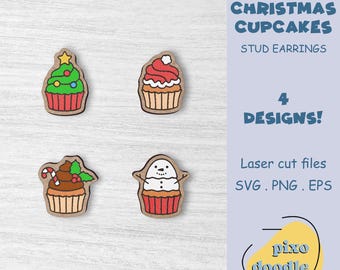 Paquete de archivos SVG para pendientes de cupcakes navideños / Pendientes de botón con cupcakes navideños y dulces navideños, listos para corte láser Glowforge