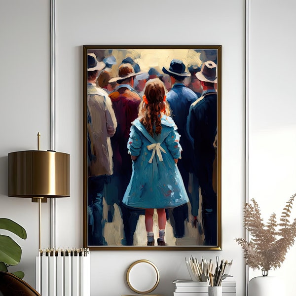 Verloren in de menigte | Aangrijpende Art Print van een jong meisje in een blauwe jas, emotionele muurkunst, digitale download | Decor van het huis, afdrukbare kunst