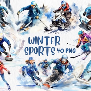Aquarel wintersport clipart | Snowboarden, ijshockey, curling, schaatsen, curling Illustraties | Directe download voor commercieel gebruik