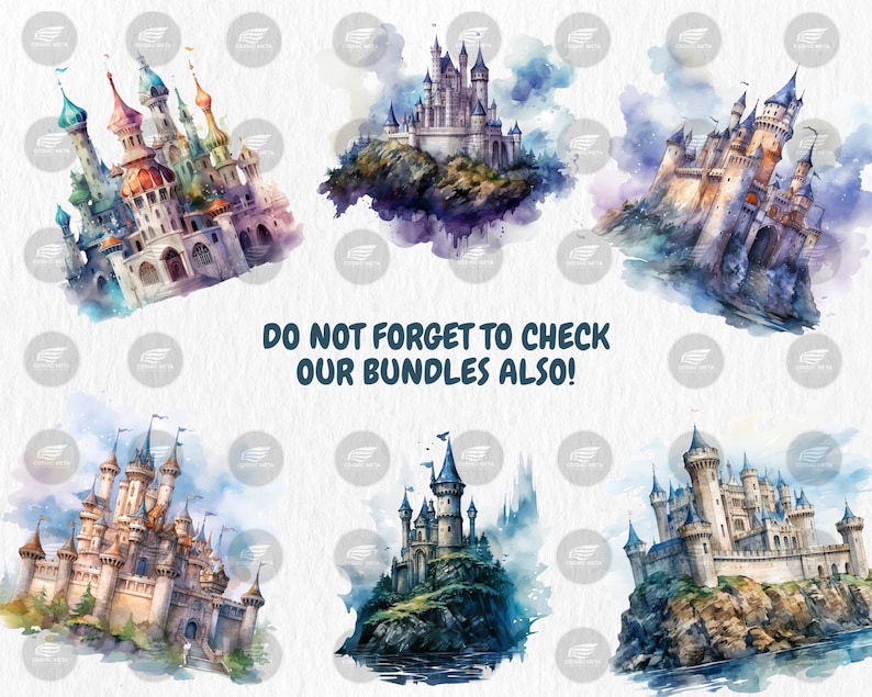 Watercolor Fantasy Castles Clipart | Fairy Tale Fortress, Stronghold, Towering Turrets Illustrations | Instant Download for Commercial Use