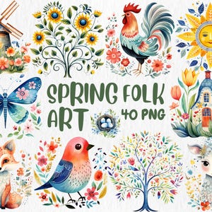 Clipart d'art folklorique printemps aquarelle | Illustrations traditionnelles fantaisistes de fleurs saisonnières | Téléchargement instantané pour une utilisation commerciale