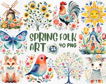 Watercolor Spring Folk Art Clipart: 40 Floral Illustrations (Digital Download)