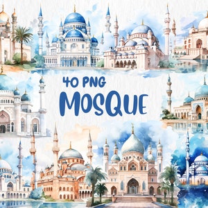 Aquarel moskee clipart | Geschilderde moskee-afbeeldingen | Masjid, minaretillustraties | 40 png-afbeeldingen | Directe download voor commercieel gebruik