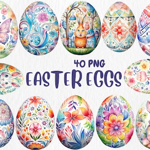 Imágenes prediseñadas de huevos de Pascua en acuarela, conejo de Pascua, ilustraciones de huevos de Pascua pintados, lindos, extravagantes y florales, descarga instantánea para uso comercial