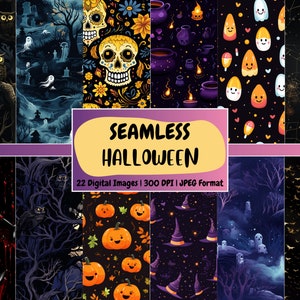 Bezproblemowy papier cyfrowy na Halloween | Pająk, Dynia, Nietoperz, Figury cmentarne, Papier do scrapbookingu, Do druku | Natychmiastowe pobranie do użytku komercyjnego