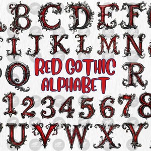 Clipart Alphabet gothique rouge | police médiévale, lettres et chiffres décoratifs, 36 illustrations de l'alphabet PNG | Téléchargement instantané, utilisation commerciale