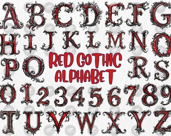 Red Gothic Alphabet Clipart: Medieval Letters & Numbers (PNG Digital Download)