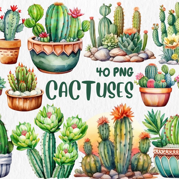 Acuarela Cactus Clipart / Cactus, Suculento, Salvaje Oeste, Floral Mexicano, Ilustraciones de Cactus del Desierto / Descarga Instantánea para Uso Comercial