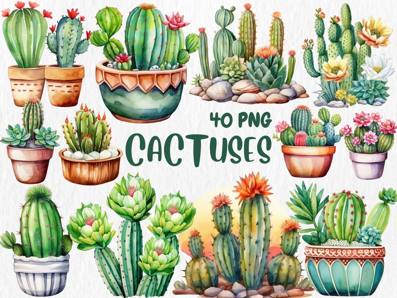 Watercolor Cactuses Clipart | Cacti, Succulent, Wild West, Mexican Floral, Desert Cactus Illustrations | Instant Download for Commercial Use