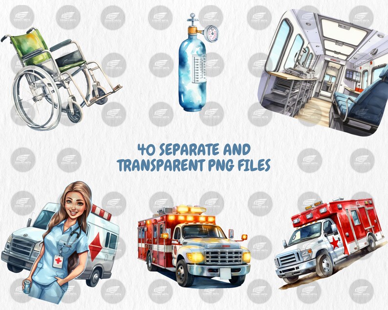 Watercolor Ambulance Clipart | Nurse, Doctor, Medicine, Paramedic, Ambulance Truck Illustrations | Instant Download for Commercial Use