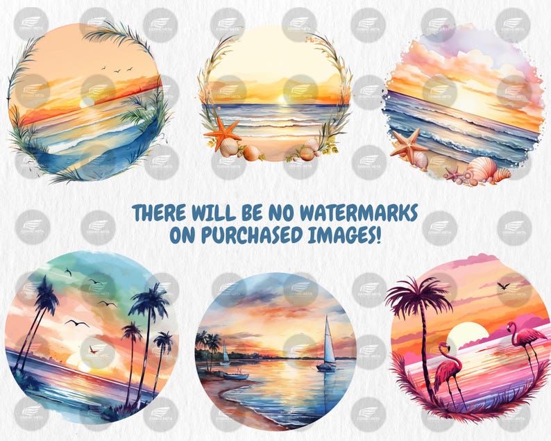 Watercolor Beach Sunset Clipart: Tropical Illustrations (instant ...