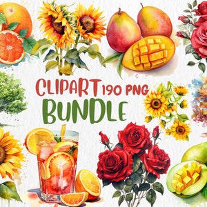 Pacote Mega Clipart de Aquarela | 190 Gráficos PNG, Manga, Laranjas, Rosas Res, Girassóis, Clipart de Árvores, Download Instantâneo para Uso Comercial