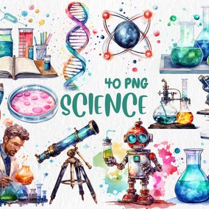 Clipart scientifique aquarelle | Microscope, tube à essai, bécher, brin d'ADN, illustrations de la structure atomique | Téléchargement instantané pour une utilisation commerciale