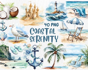 Watercolor Coastal Clipart: Serene Ocean Elements, Beach Scrapbook Art (Digital Download, Commercial Use PNGs)