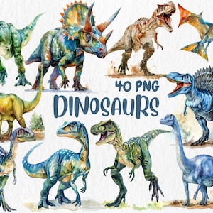 Imágenes prediseñadas de dinosaurios en acuarela: T-Rex, Triceratops, Allosaurus, Dino, ilustraciones de animales antiguos / Descarga instantánea para uso comercial