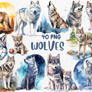 Watercolor Wolves Clipart | Cute Wolf, Woodland Animal, Baby Wolf, Forest Animal Illustrations | Instant Download for Commercial Use