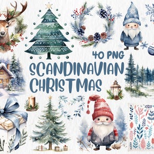 Clipart Noël scandinave aquarelle | Nain, motifs nordiques, scène de village, illustrations de cadeaux | Téléchargement instantané pour une utilisation commerciale