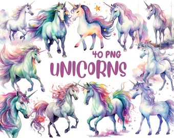 Watercolor Unicorn Clipart: Rainbow Fantasy Illustrations (Digital Download)