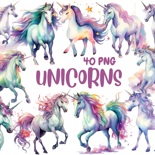 Watercolor Unicorns Clipart | Cute, Adorable, Magical, Fantasy and Rainbow Unicorn Illustrations | Instant Download for Commercial Use