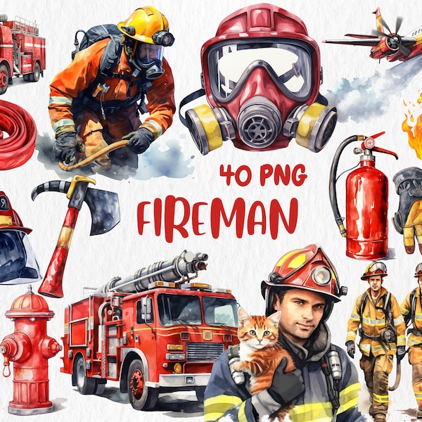 Aquarell Feuerwehrmann Clipart | Feuerwehrmann, Helm, Schlauch, Feuerlöscher, Hydrant, Station Illustrationen | Sofortiger Download für kommerzielle Nutzung