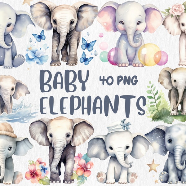 Watercolor Baby Elephants Clipart | Baby Elephant Illustrations, Cute, Adorable Baby Elephant Clipart, Instant Download for Commercial Use