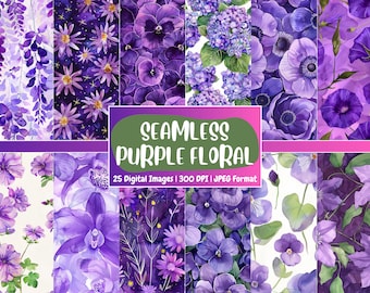 Purple Floral Digital Paper: Shabby Chic Scrapbook Backgrounds (Digital Download)