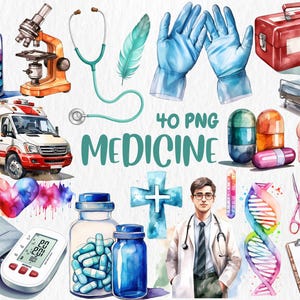Watercolor Medicine Clipart | Doctor, Nurse, Healthcare, Stethoscope, Ambulance, Microscope Illustrations | Instant Download, Commercial Use