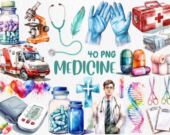 Clipart di medicina ad acquerello / Illustrazioni di dottore, infermiere, assistenza sanitaria, stetoscopio, ambulanza, microscopio / Download immediato, uso commerciale