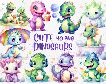 Watercolor Dinosaur Clipart: Baby Dino Nursery Art (Instant Download, Commercial Use PNGs)