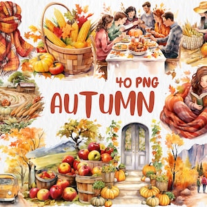 Clipart de otoño en acuarela: calabaza, follaje otoñal, hojas, cosecha de alimentos, ilustraciones de decoración del hogar / Descarga instantánea para uso comercial