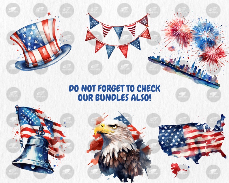 Watercolor 4th of July Clipart | American Flag, Independence Day, Uncle Sam Hat Illustrations | Instant Download for Commercial Use