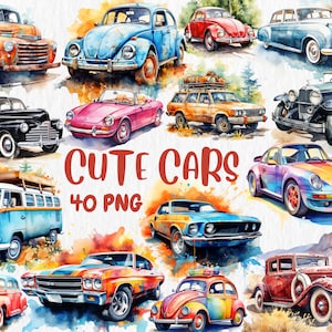 Imágenes prediseñadas de autos lindos en acuarela, ilustraciones de autos cupé, convertible, clásico y SUV, 40 imágenes PNG independientes, descarga instantánea para uso comercial