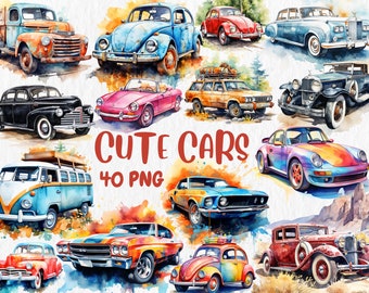 Watercolor Cute Cars Clipart, Coupe, Convertible, Classic, SUV Car Illustrations, 40 Separate PNG Image, Instant Download for Commercial Use