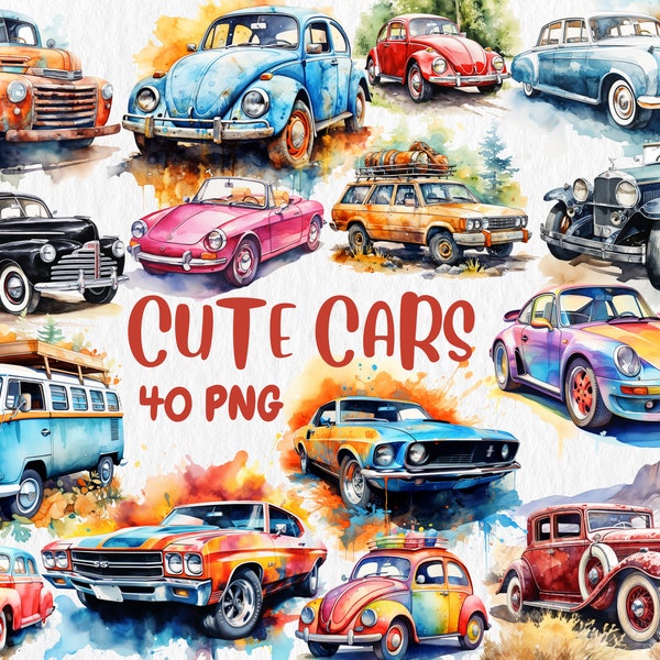 Watercolor Cute Cars Clipart, Coupe, Convertible, Classic, SUV Car Illustrations, 40 Separate PNG Image, Instant Download for Commercial Use