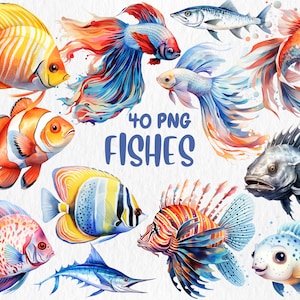 Aquarel vissen clipart | Anemoonvis, koi, koraalduivel, maanvis, zeepaardje, zeedierenillustraties | Directe download voor commercieel gebruik
